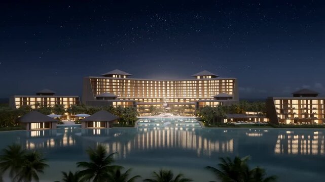 Panning shot of resort hotel illuminated and reflecting in lagoon at tropical beachfront during night with stars and warm lights