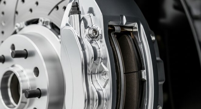 A high-performance silver brake system featuring a polished caliper and a ventilated drilled metal disc.