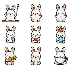Fototapeta premium Cute Bunny Rabbit Character Poses Kawaii Baby Bunny Vector Set