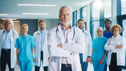 Serious male doctor with crossing arms standing in hallway. Skilled medical professional and his proud team showing responsibility. Working together during busy hospital routine. Healthcare.