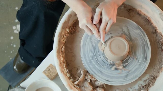 Top view shot of unrecognizable craftswoman shaping clay piece by carving it with metal tool on spinning potters wheel in workshop