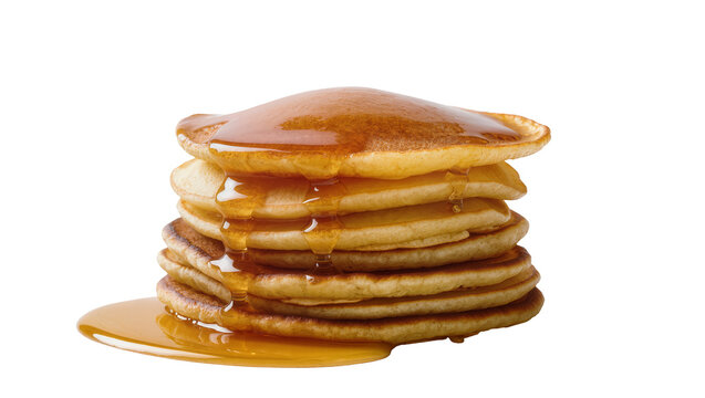 Pancake stack with amber maple syrup, isolated on transparent background