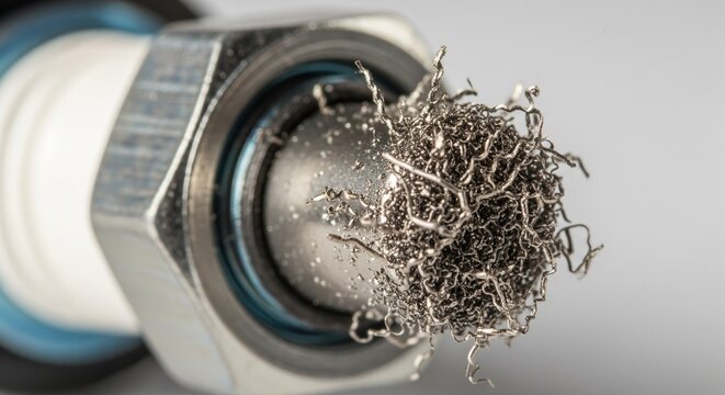 A detailed close-up of an automotive spark plug showing the electrode tip covered in fine metal wire or shavings.