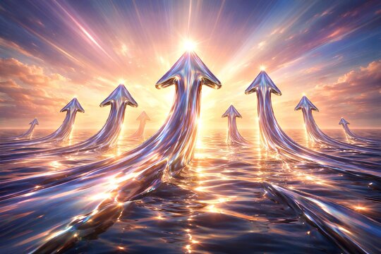 Chrome liquid sun rays forming arrows pointing upward across the horizon, positive trend concept
