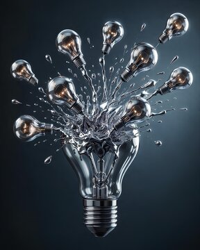 Liquid chrome lightbulb splitting into multiple mini ideas flying outward, brainstorming concept