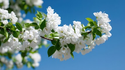 White flowers on apple tree branches open up under a blue sky. This springtime scene offers space for text or title