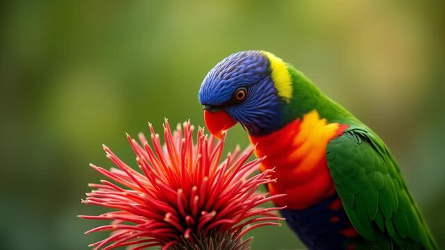 Rainbow lorikeet feeding on red bottlebrush flower nectar bokeh green background wild nature close-up
