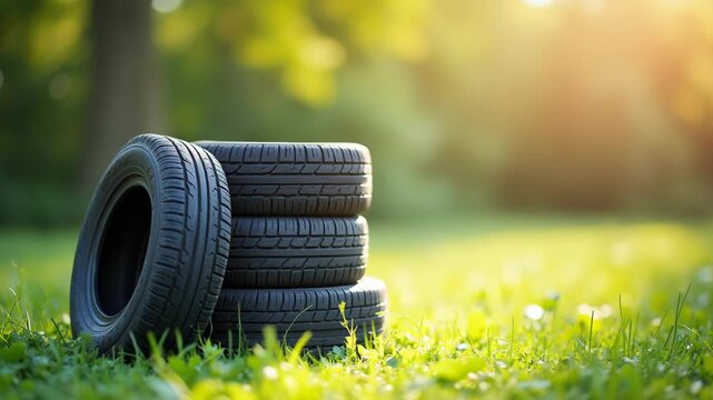 Four summer tires neatly stacked outdoors sunny day green grass background ready for season change
