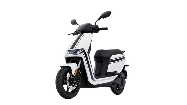 Sleek white electric scooter with black racing stripes and modern design, isolated on transparent background for urban mobility