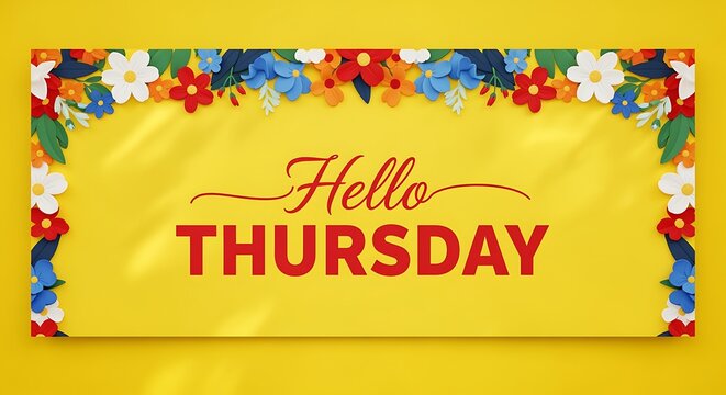 Bright cheerful greeting card design featuring hello Thursday with colorful floral border for digital use