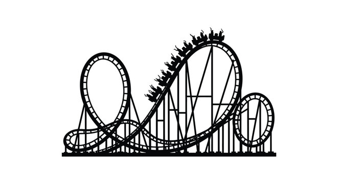 A striking black silhouette depicts a thrilling rollercoaster looping and twisting through a complex track silhouette high quality professional detailed modern