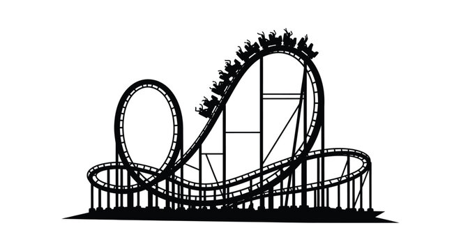 A striking black silhouette depicts a thrilling rollercoaster with looping tracks and ascending cars silhouette high quality professional detailed modern