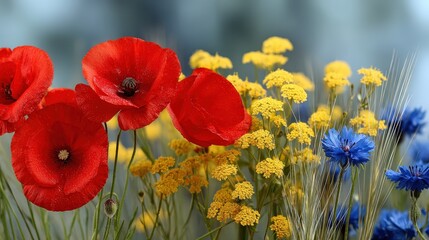 Fototapeta premium Red poppies and blue flowers grow in a meadow filled with bright yellow blooms against a blue sky during spring season