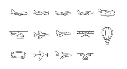 Variety of aircraft line icons planes helicopters and airships © Mstsalma