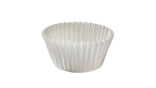 Empty white pleated paper cupcake liner, isolated on transparent background