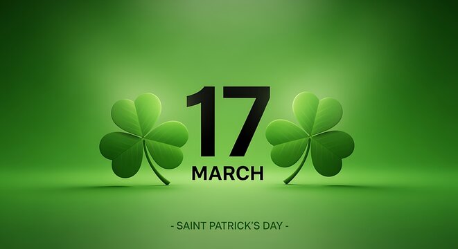 Vibrant green graphic design featuring shamrocks and date for Saint Patricks Day celebration
