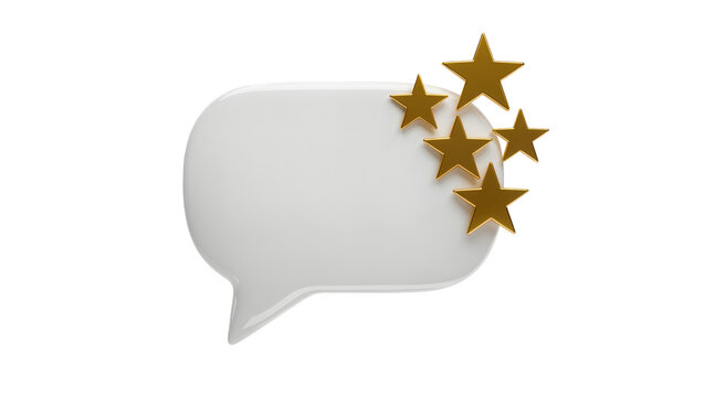 Smooth white rounded speech bubble adorned with five golden shiny stars, isolated on transparent background for customer feedback