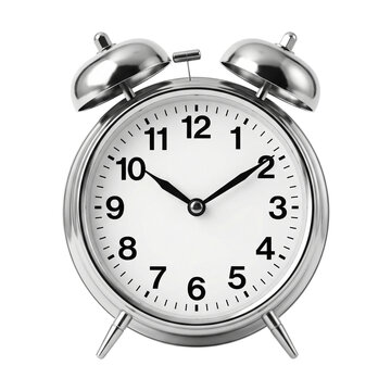 Classic silver alarm clock with two bells and a white face showing 10 10 isolated on transparent background