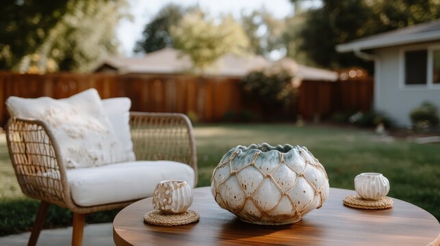 A round table shows colorful wooden ashtrays and a clay vase wrapped with rope