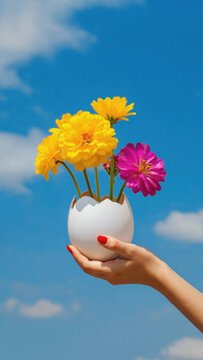 Female hand with red nails holding white eggshell vase with yellow and pink gerbera flowers against blue sky, spring easter concept