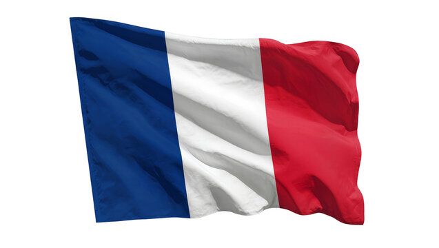 Waving blue white red French national flag fabric, isolated on transparent background