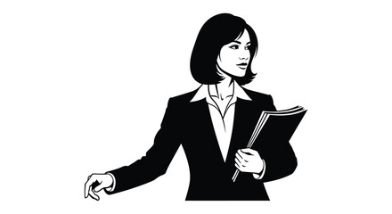 A stylish businesswoman in a suit holds papers gesturing with her hand a striking silhouette high quality professional detailed modern elegant © GDOthoi02