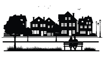 A striking black silhouette depicts a quaint european townscape with buildings trees and a couple on a bench silhouette high quality © GDOthoi02