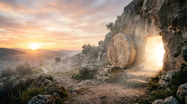 Tomb of jesus with stone rolled away at sunrise