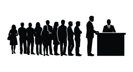 A line of people waiting with one person at a desk depicted as a striking black silhouette high quality professional detailed © GDOthoi02