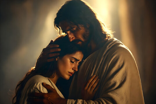 Jesus christ comforting sorrowful woman in divine embrace