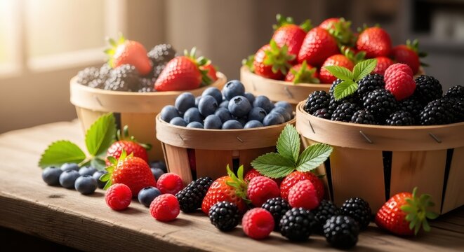 Fresh organic berry selection in wooden basket on rustic table. Strawberries, blueberries, raspberries and blackberries. Healthy vegetarian food, summer harvest and farm market concept.