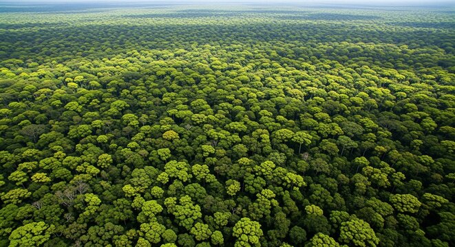 An aerial shot looking down on a dense tropical rainforest with many green tree tops stretching to the horizon