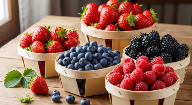 Fresh organic berries in wooden baskets on table. Ripe strawberry, blueberry, raspberry and blackberry harvest. Healthy summer food, farm market produce and vegetarian nutrition concept.