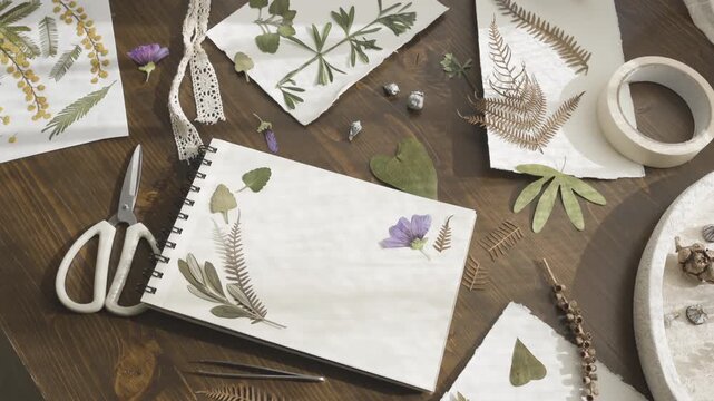 Creating botanical herbarium in blank sketchbook with pressed purple flowers and dried leaves. Flat lay of creative workspace with scissors, tweezers and natural elements on rustic wooden table in