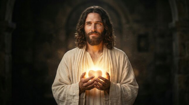 Jesus Christ holding glowing heart in hands. Spiritual man representing love, mercy and compassion. Religion, christianity, faith, devotion, prayer and divine light concept.