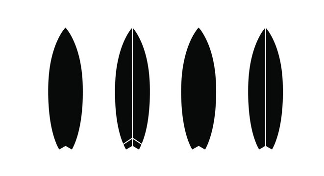 Four black surfboard shapes displayed in a minimalist silhouette