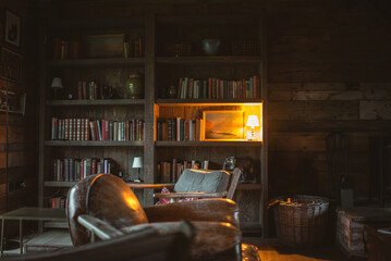 Cozy library with leather armchair and warm lighting, perfect for reading © Pavel Babic