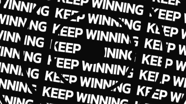 Rotating circular text animation displaying keep winning phrase arranged in concentric motion with central empty space for overlay content.
