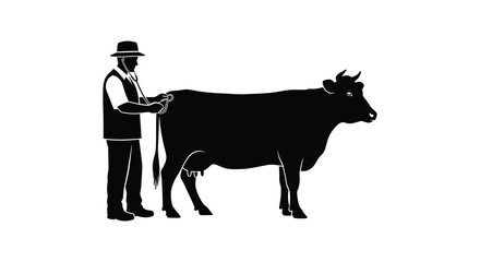 A farmer stands beside a cow holding its lead depicted in a striking black silhouette high quality professional detailed modern elegant © GDOthoi02