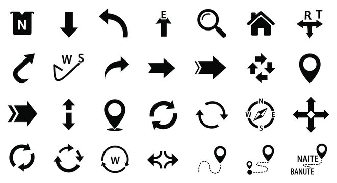 A collection of black navigation and directional icons including arrows a compass and map markers in silhouette high quality professional detailed