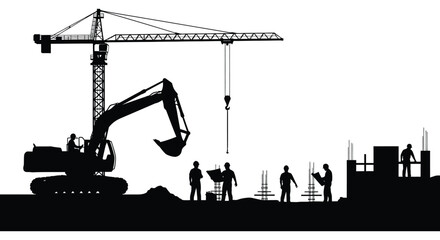 A striking black silhouette depicts construction workers and heavy machinery at a busy building site silhouette high quality professional detailed modern © AsfiqurRahman