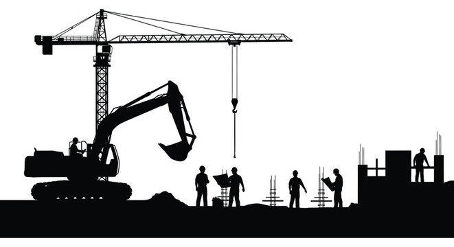 A striking black silhouette depicts construction workers and heavy machinery at a busy building site silhouette high quality professional detailed modern