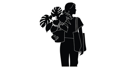 A striking black silhouette of a woman holding a potted monstera plant and shoulder bag silhouette high quality professional detailed modern © GDOthoi02