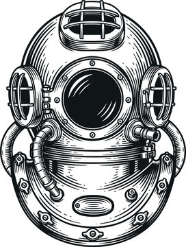 A vintage diving helmet with a round window and metal details