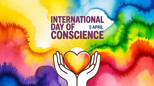 International day of conscience conceptual illustration with hands holding a heart on a colorful watercolor background