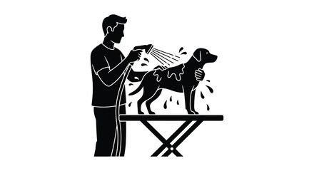A man is washing a dog with a hose depicted in a striking black and white silhouette high quality professional detailed © GDOthoi02