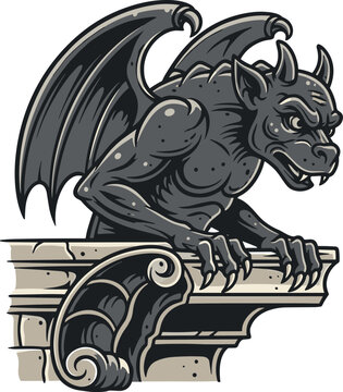 A gargoyle statue perches on a stone corbel against a white background