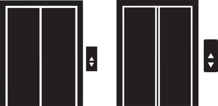 A black and white illustration of two closed elevator doors with up and down call buttons