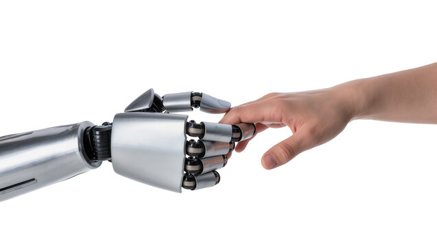 Human hand touching robot hand, isolated on transparent background