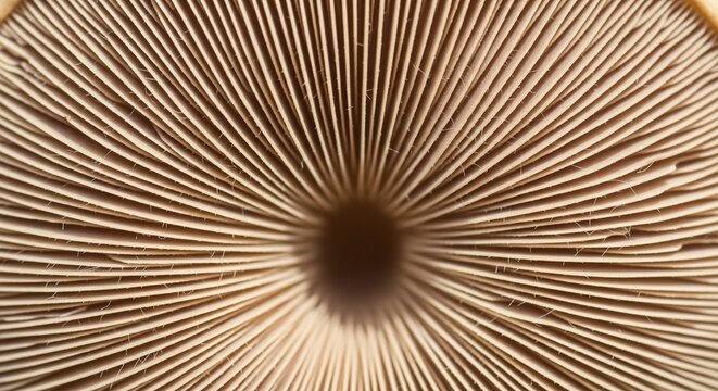 A detailed macro shot showing the fine, radial pattern of a mushroom's gills